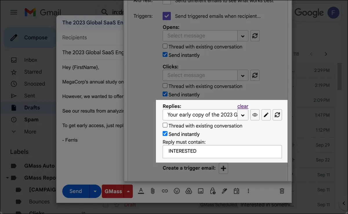 Trigger settings that use a keyword