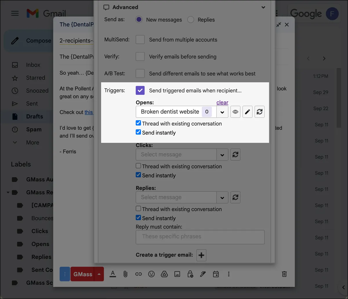 Trigger settings to send a message on open
