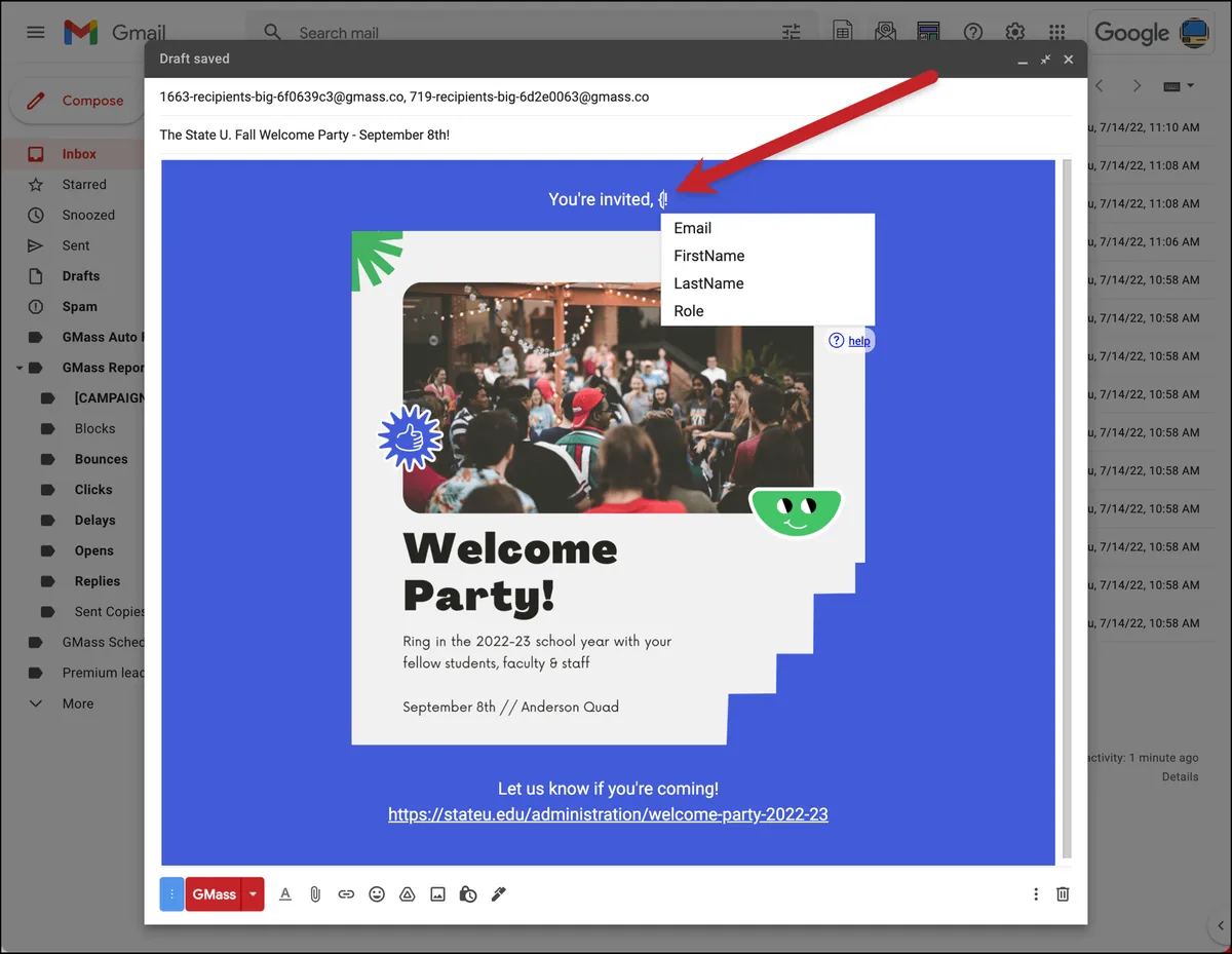 Curly brace makes the mail merge options appear