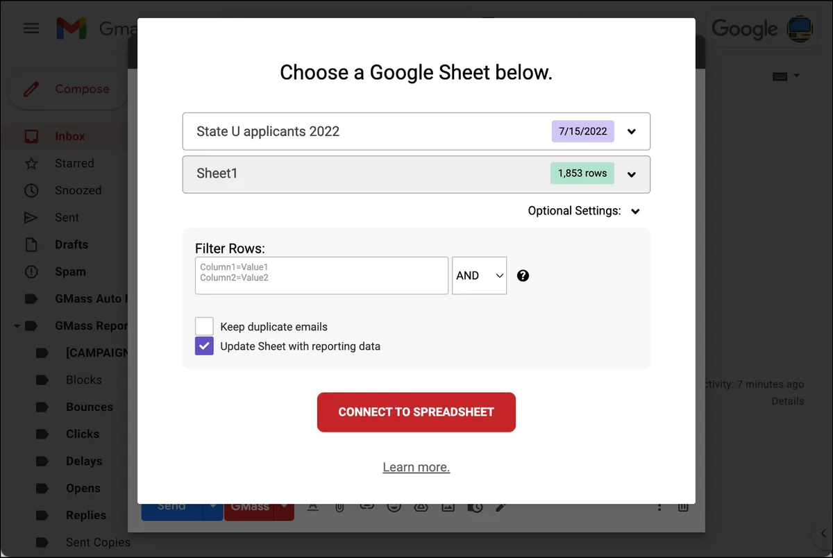Connect the applicant spreadsheet
