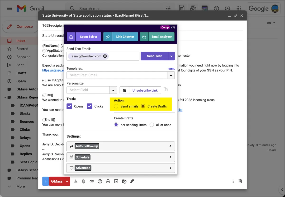 Create drafts of the emails before sending