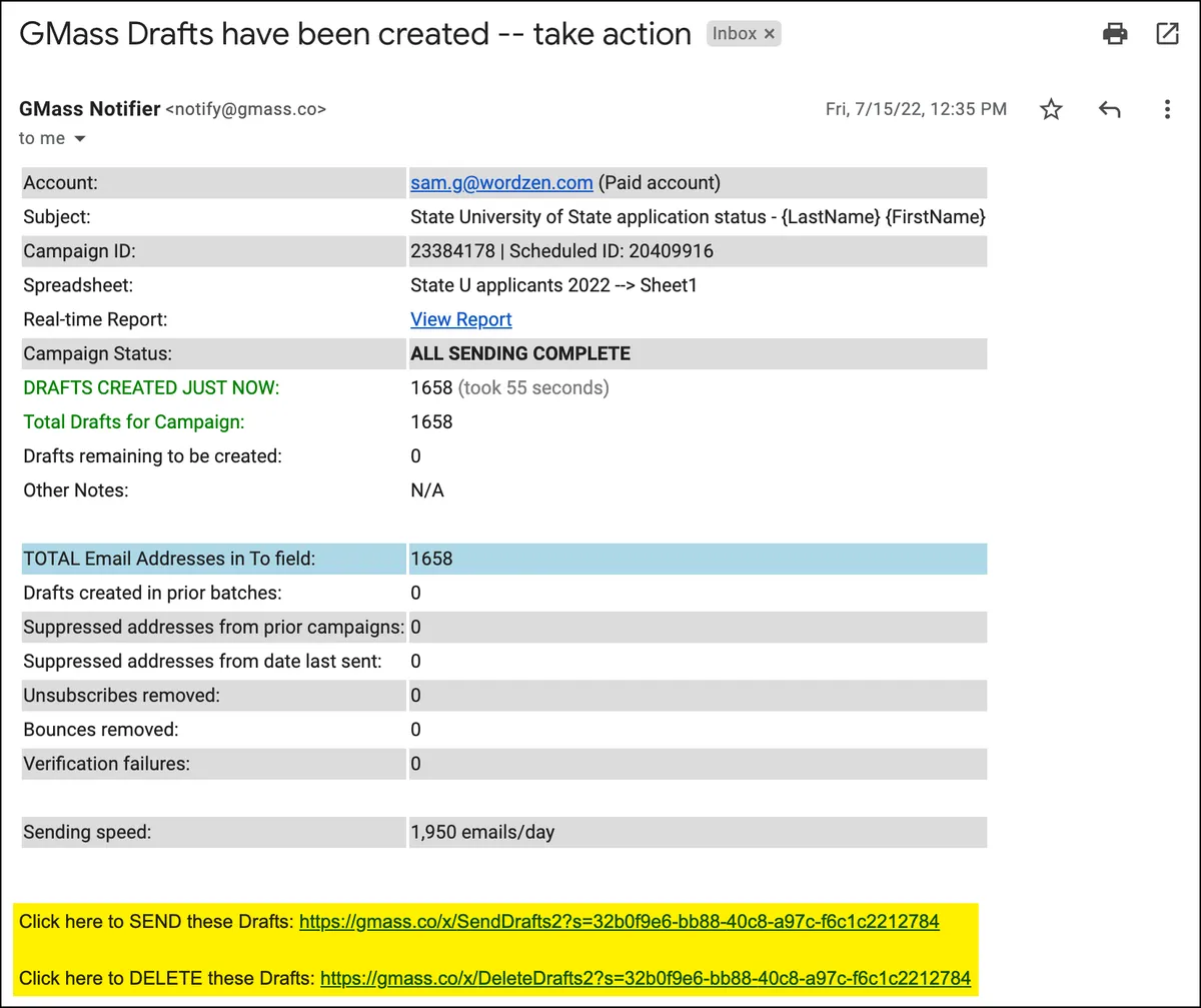 Sending drafts via GMass's email