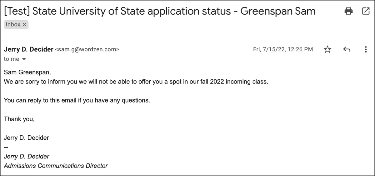 Testing the rejection email