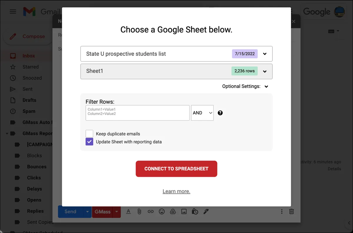 Connect a Google Sheet for your college admissions email