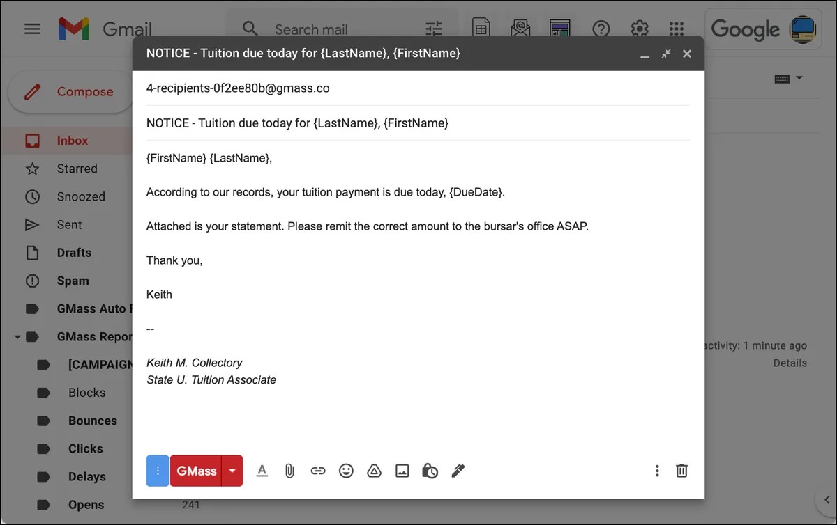 Compose your email for tuition due notices