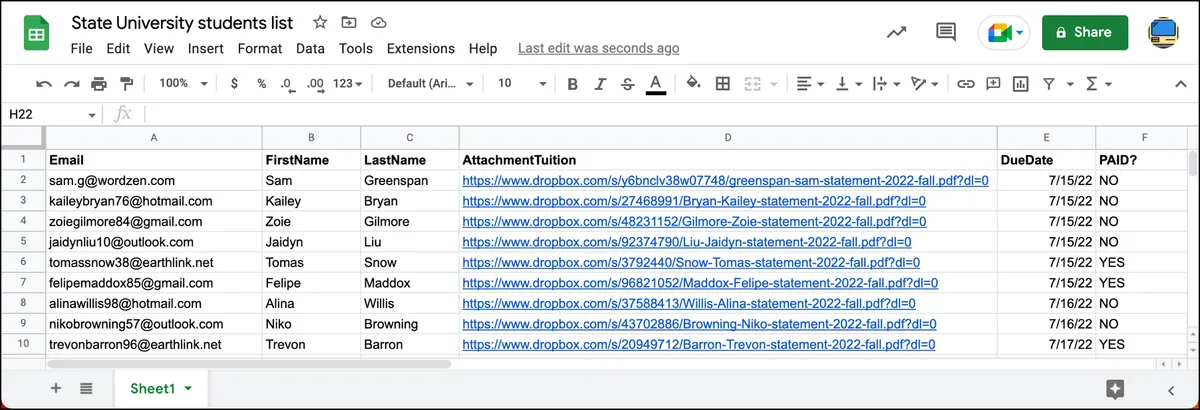 Add due dates to the spreadsheet