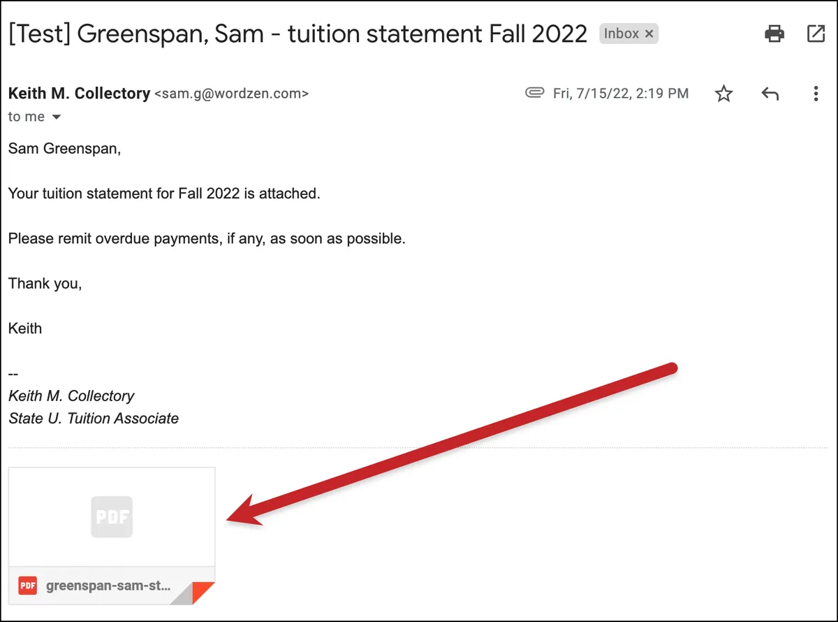 Send a test email with the attachment