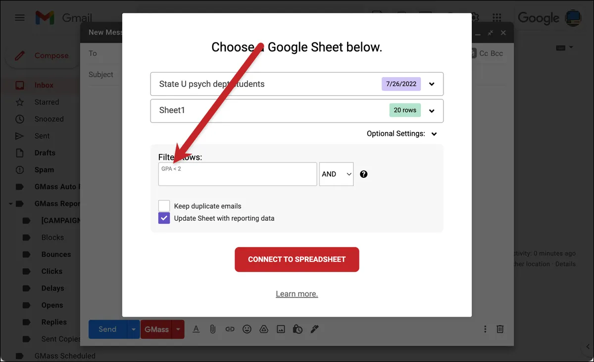 Filter rows on connection