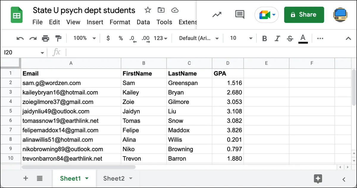 Google Sheet example