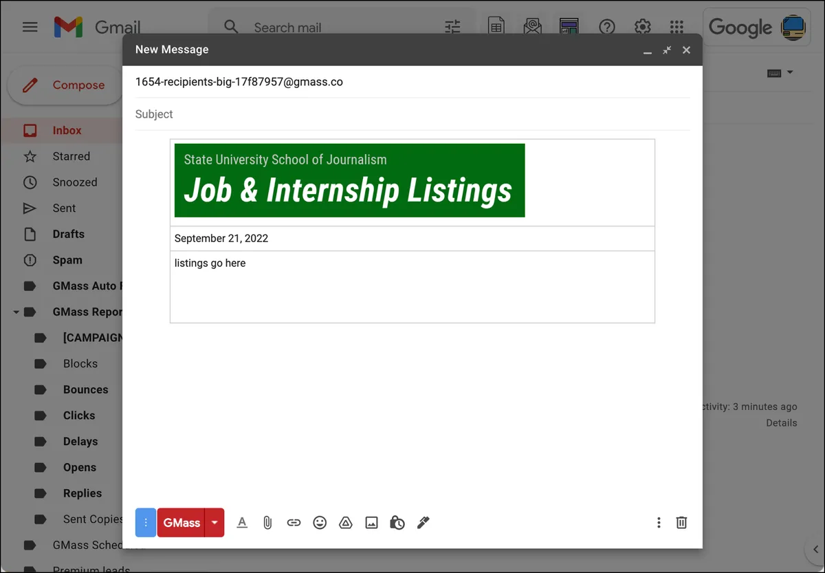 Draft of email with first HTML