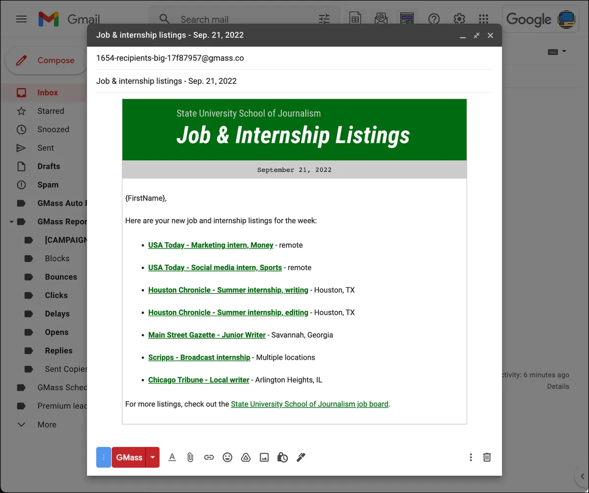 Final sample college internships email