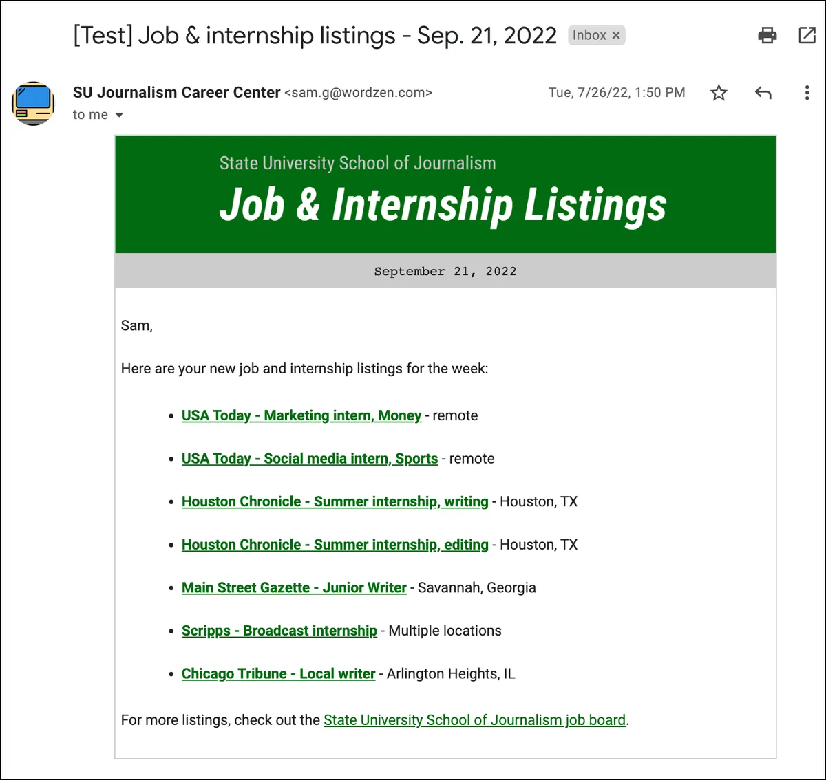 Test of the sample job email