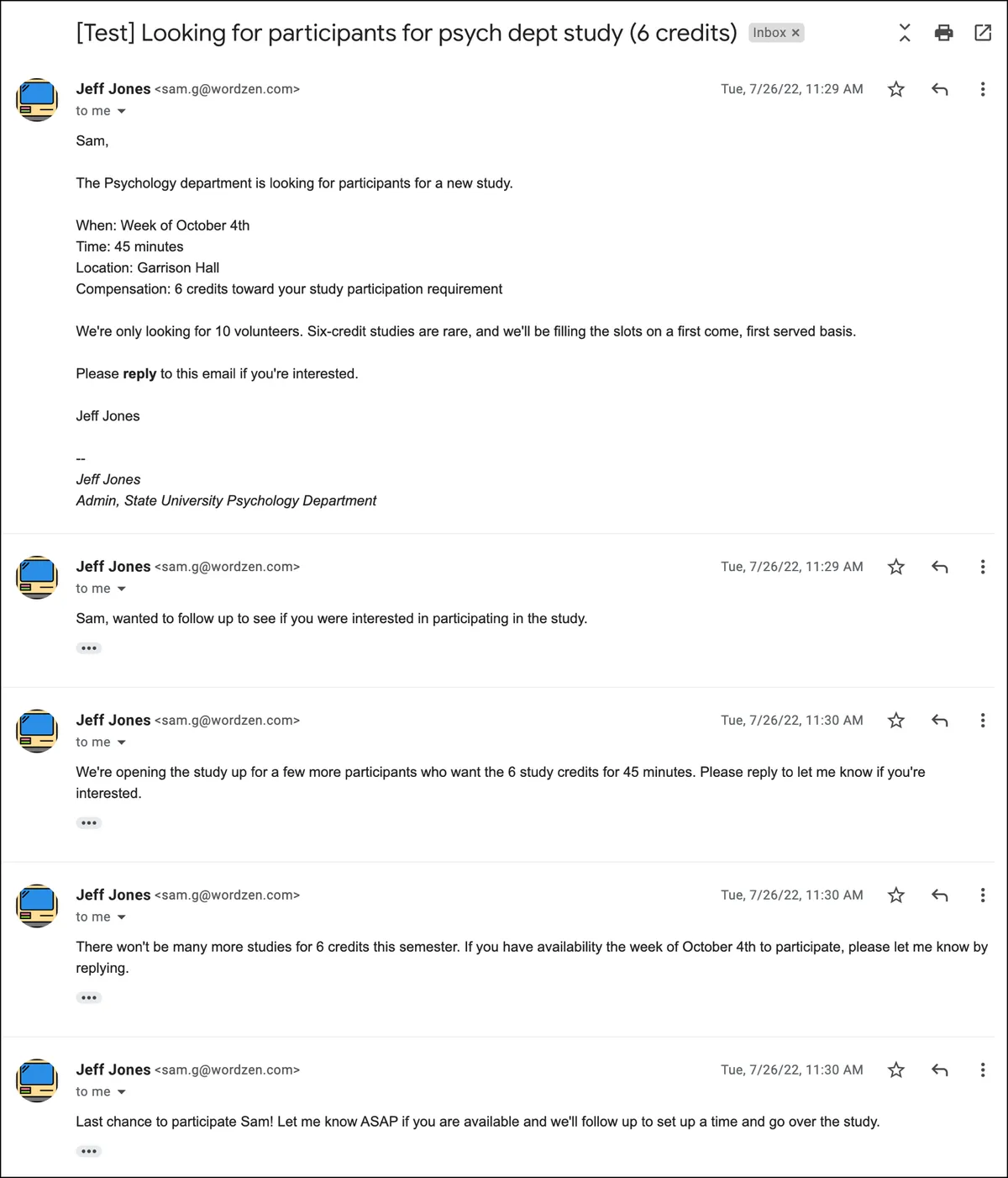 The test sequence in your inbox