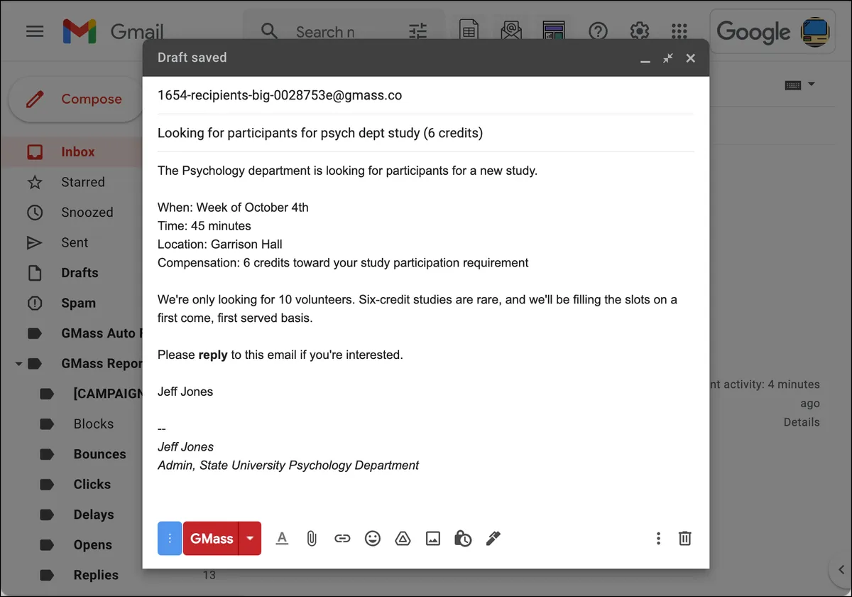 Recruiting for study email