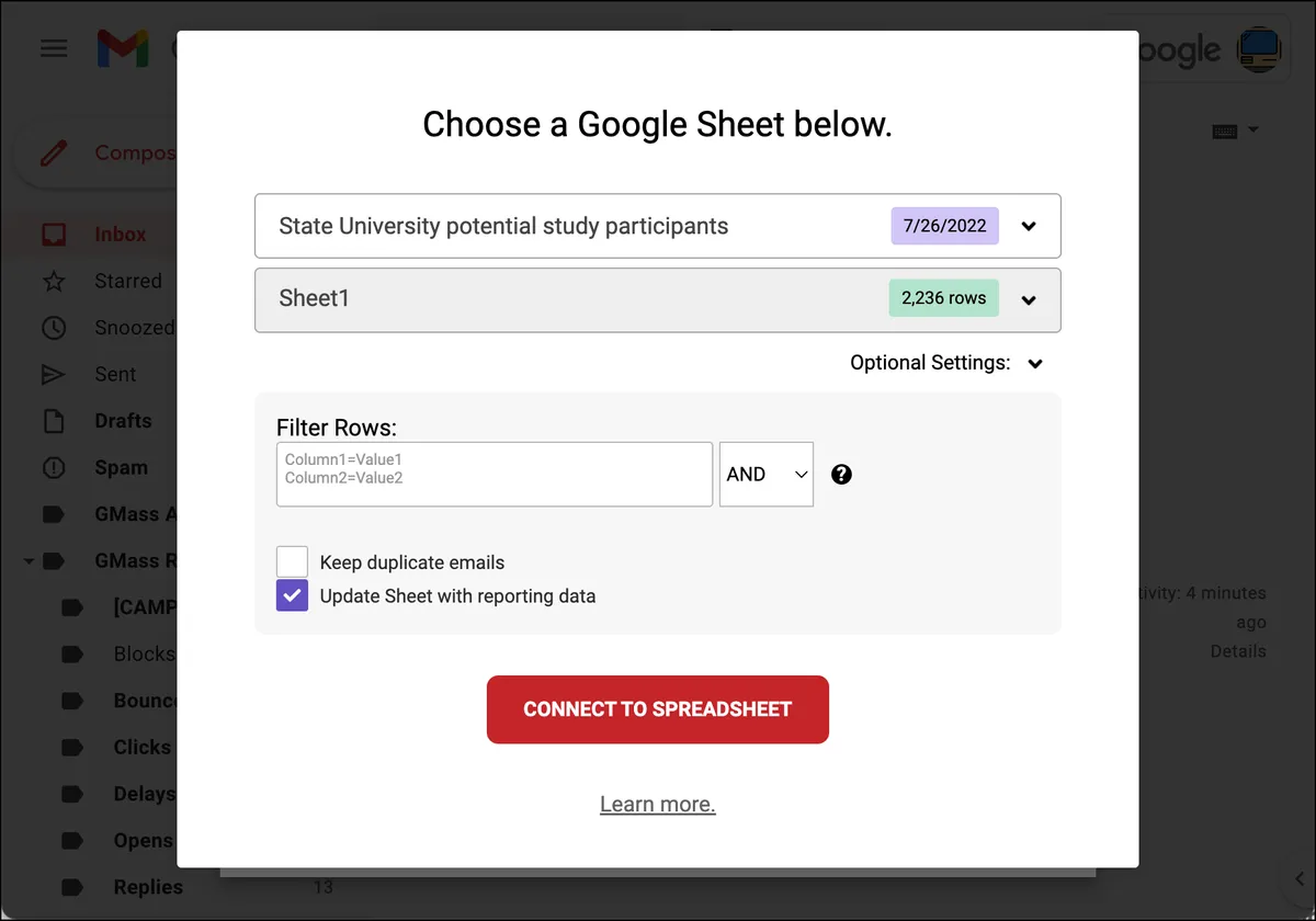 Sheet connect dialogue