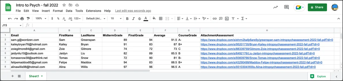 Grade spreadsheet