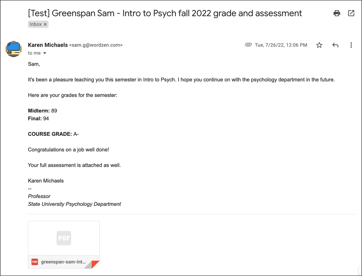 Testing the example college email