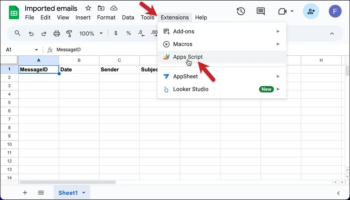 Open the Apps Script menu