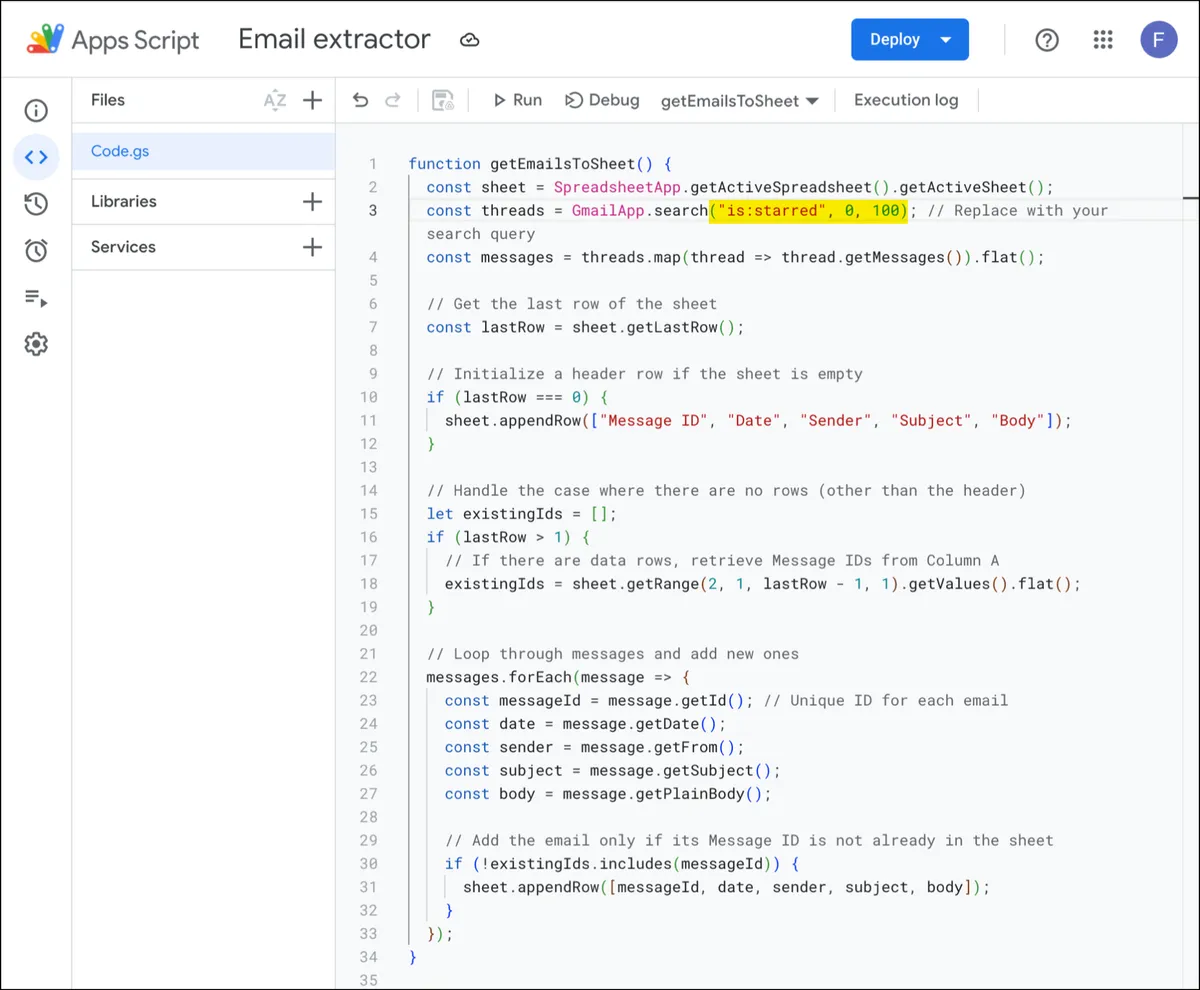 The search I used to convert email to Google Sheets