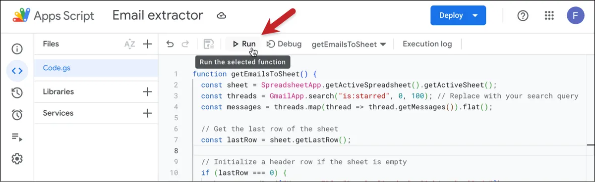 Run the Google Apps Script to import Gmail to Sheets