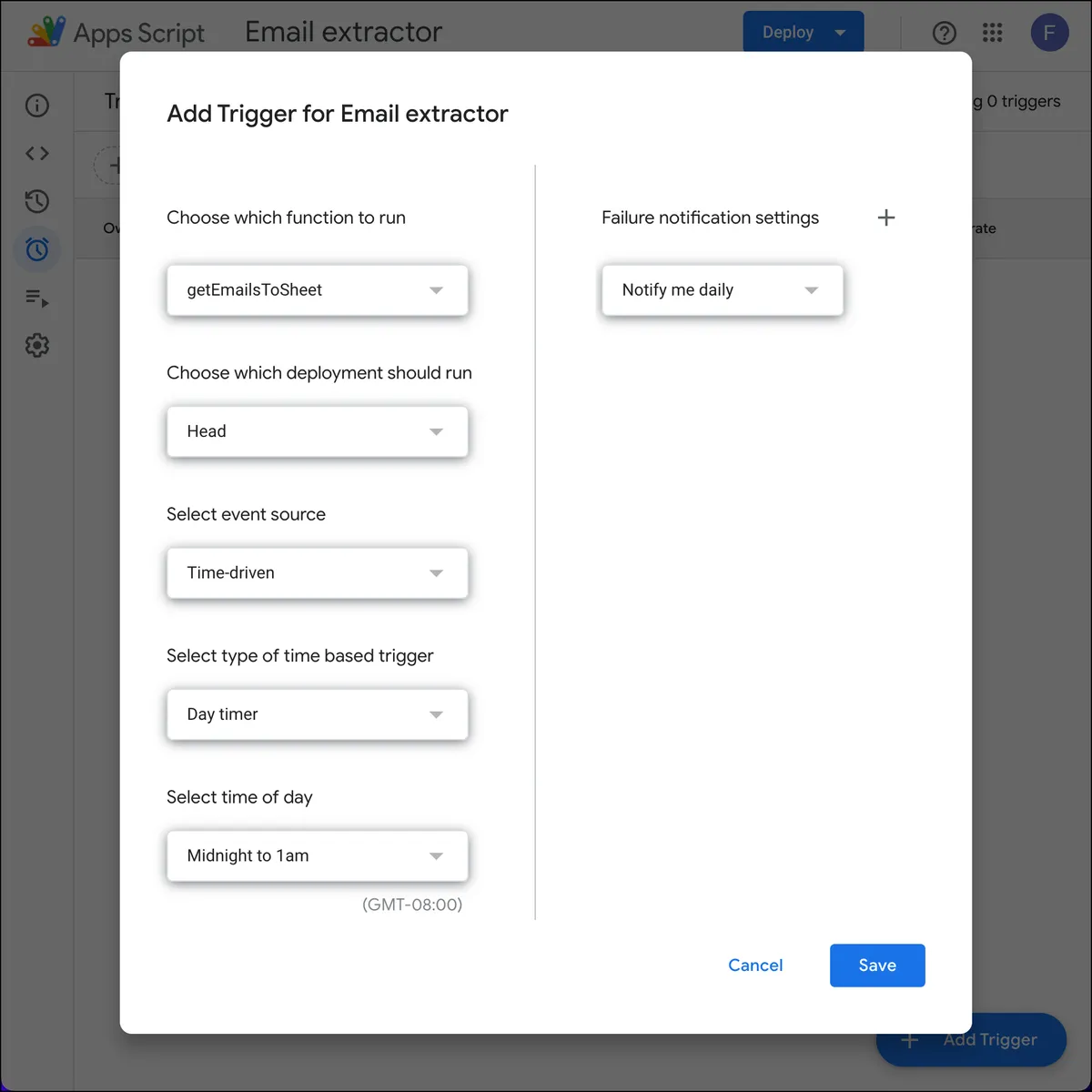 Trigger settings to automate emails to Google Sheets