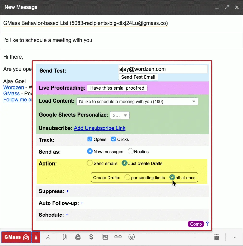 Using the "Just create Drafts" option with unlimited SMTP sending