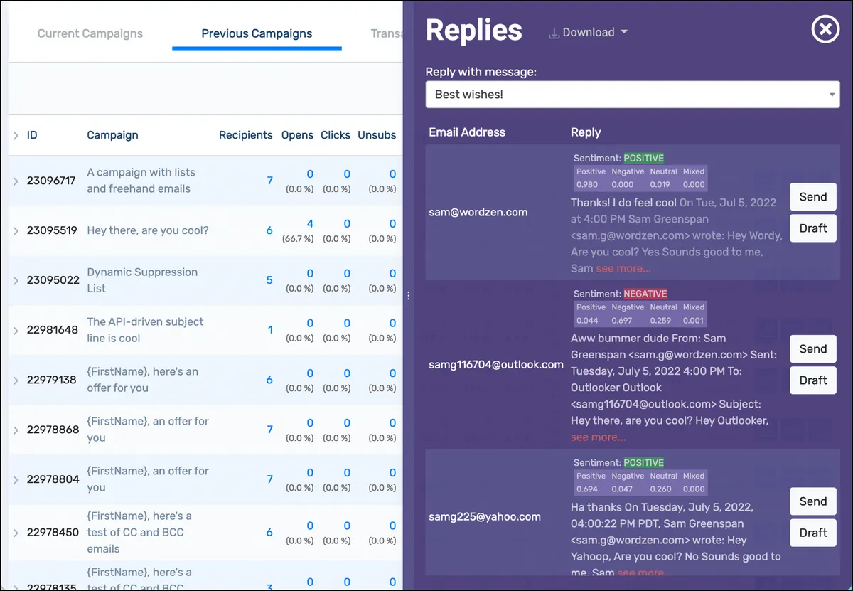 Reply management in the dashboard