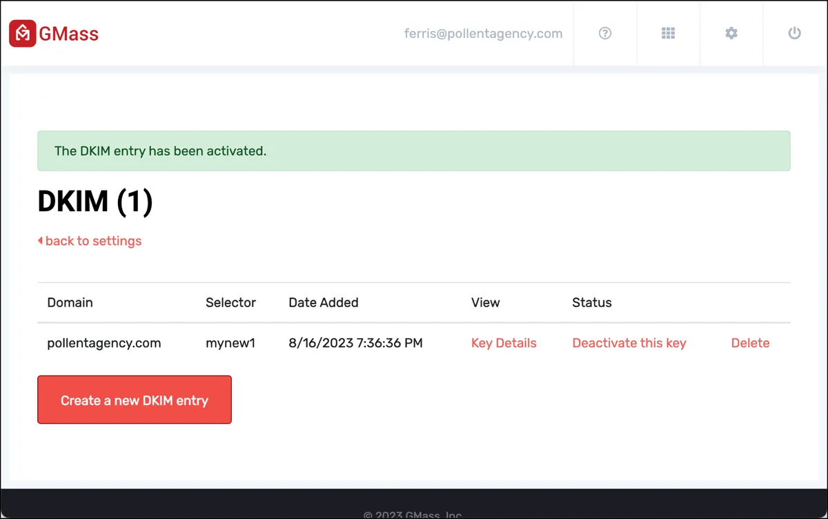 Success message when DKIM is ready