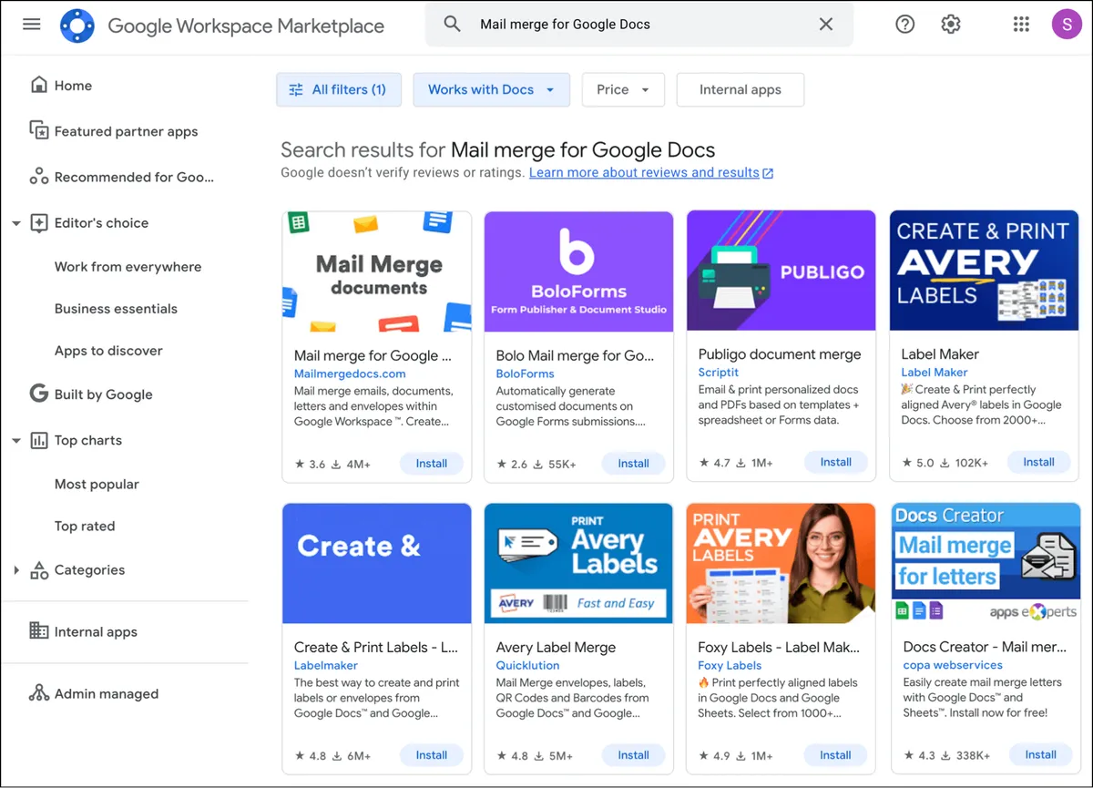 Just a handful of the mail merge Google Docs options