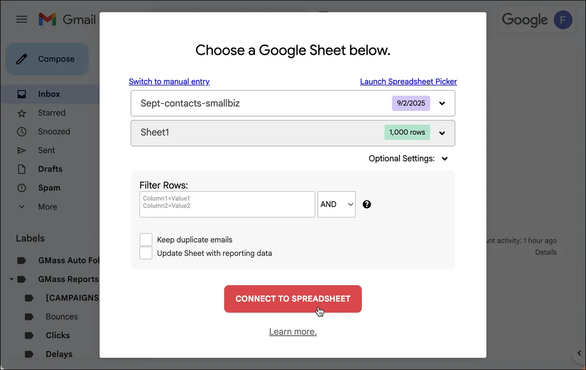 The connect Sheet options box