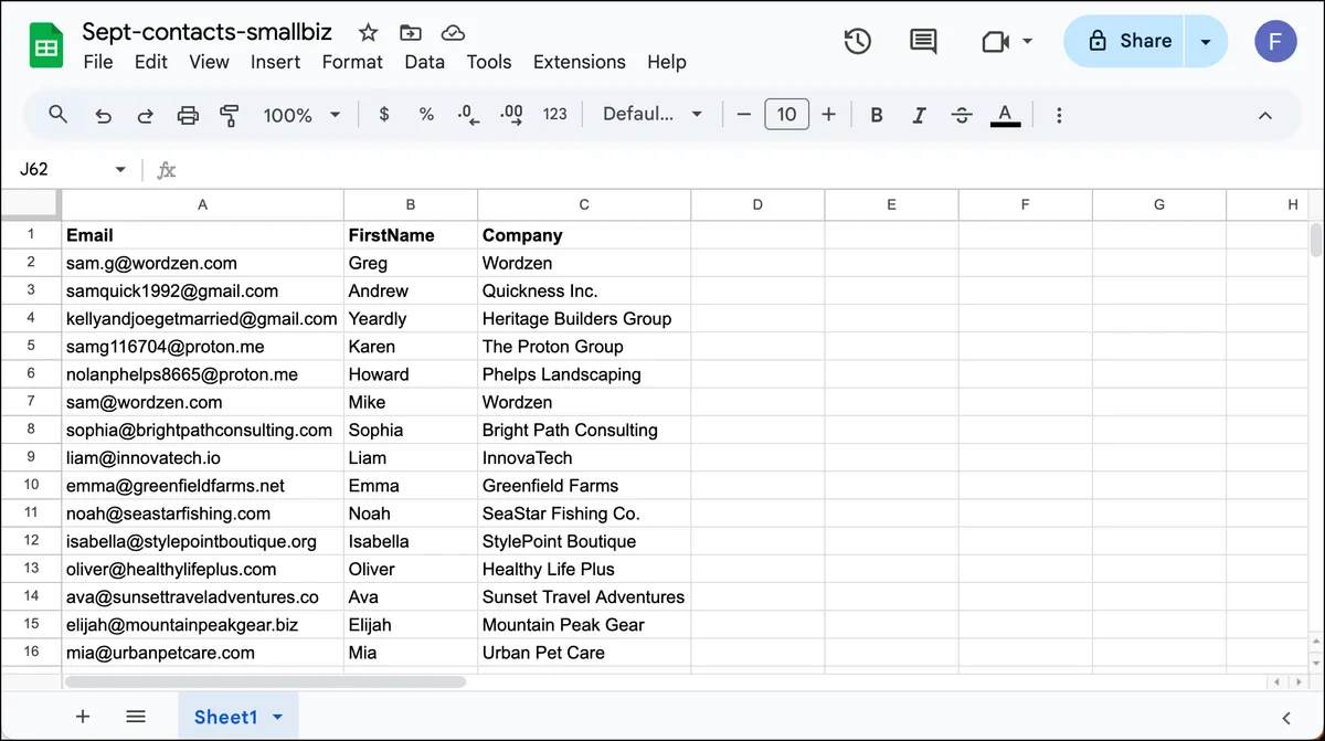 Prepare a Google Sheet of contacts
