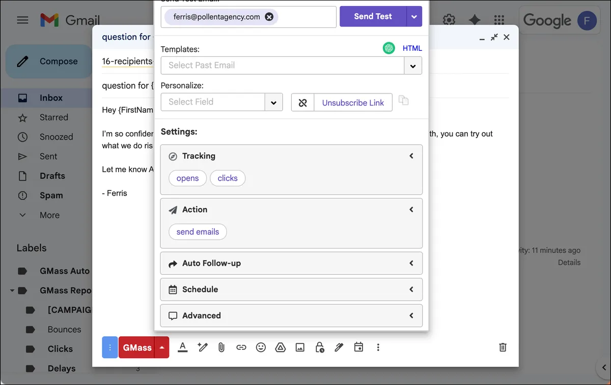 The GMass settings options