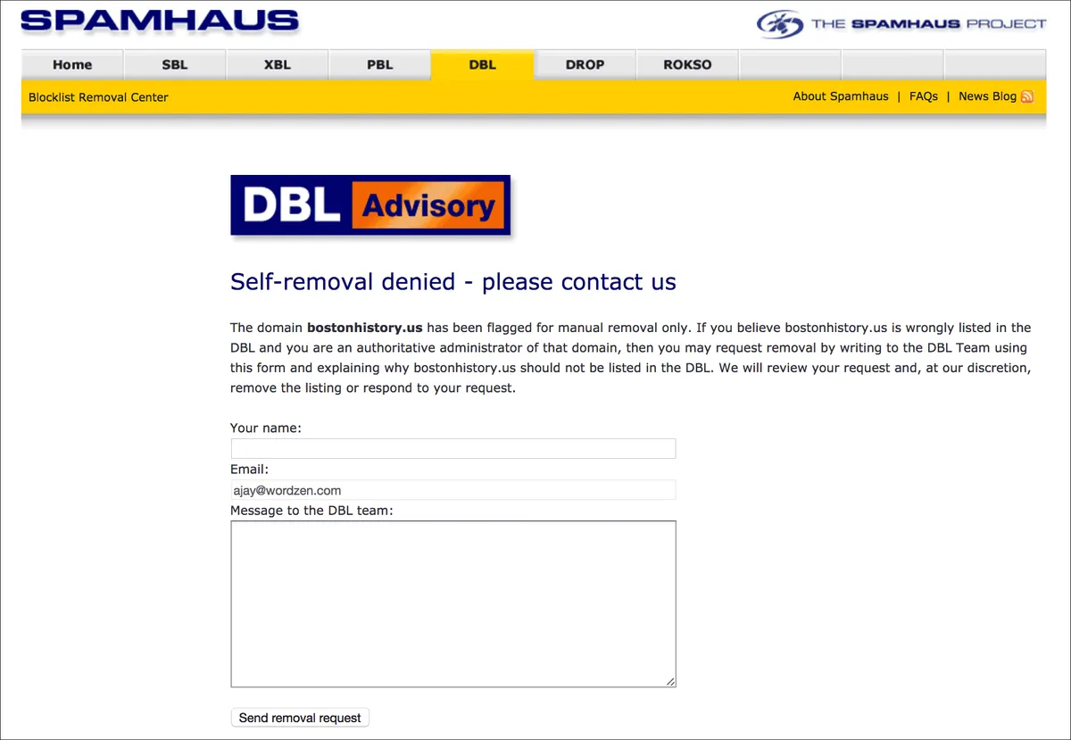 Spamhaus DBL Self Removal Denied