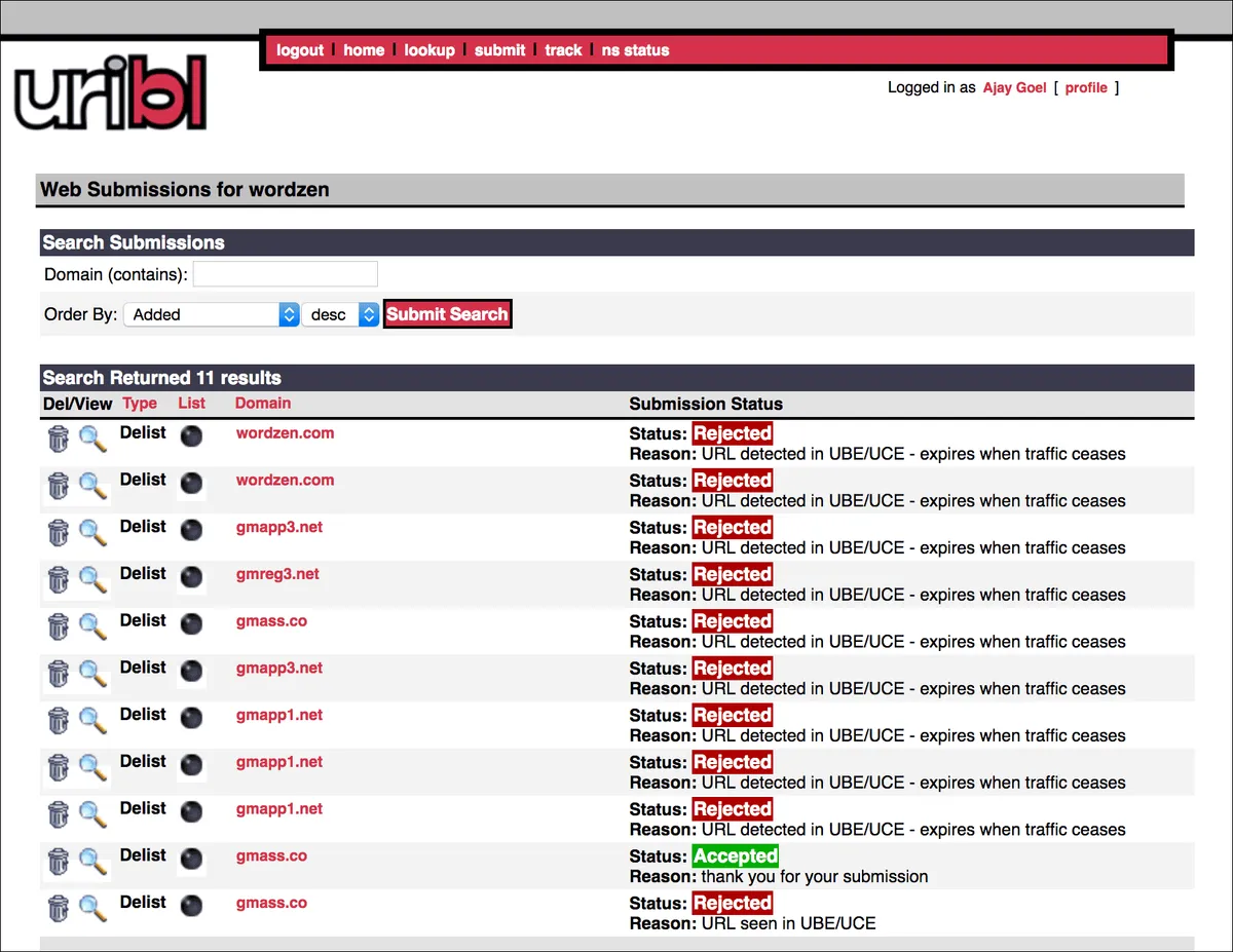 URIBL Rejections