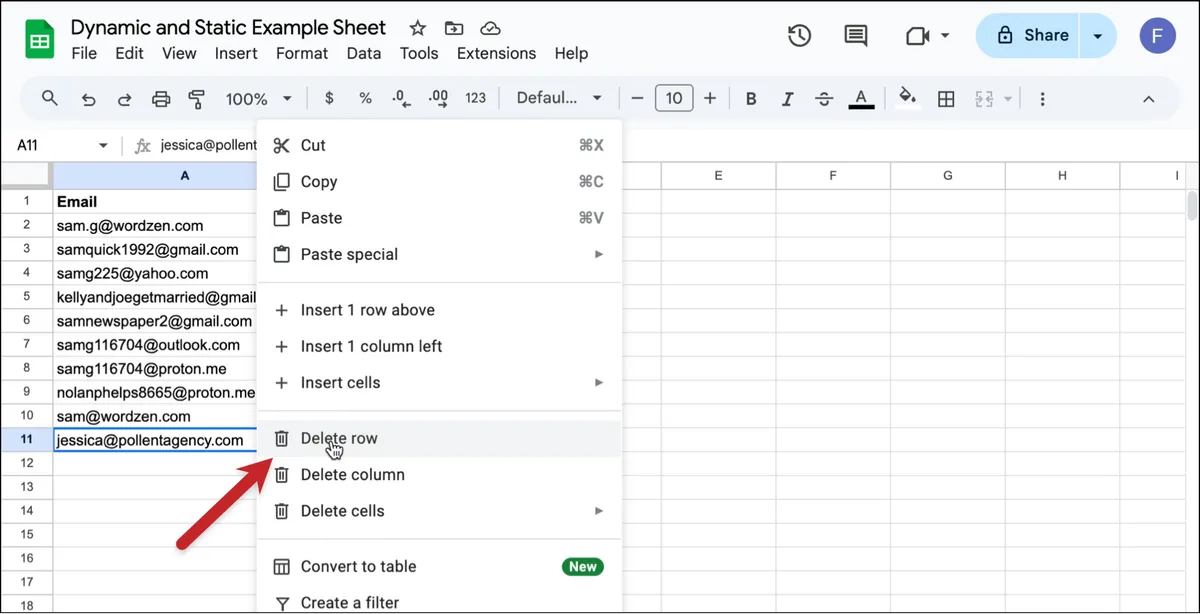 Deleting a row from a Google Sheet