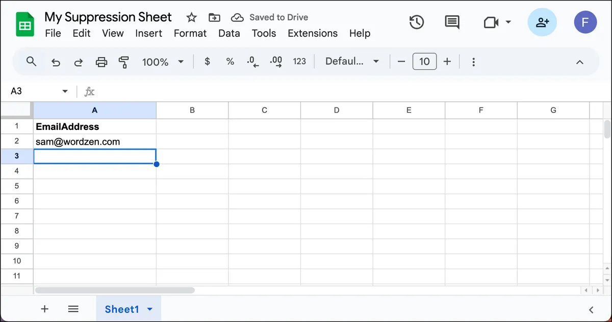 Creating a Google Sheet for suppression