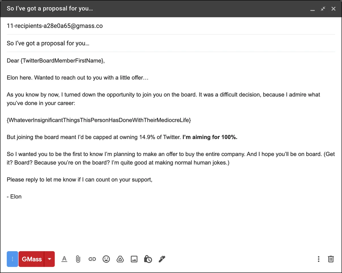 Elon Musk's first cold email to Twitter.