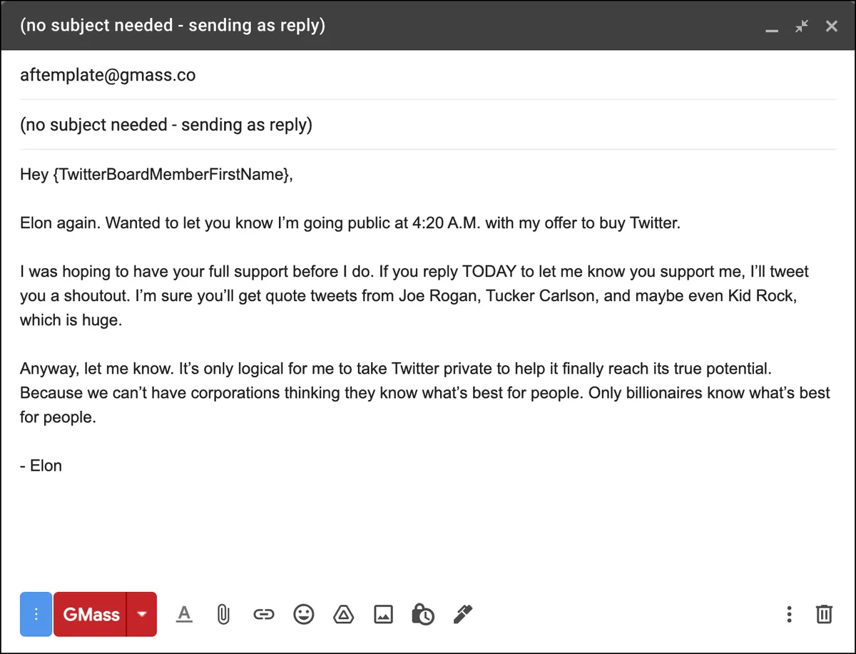 Elon Musk's second cold email to Twitter.