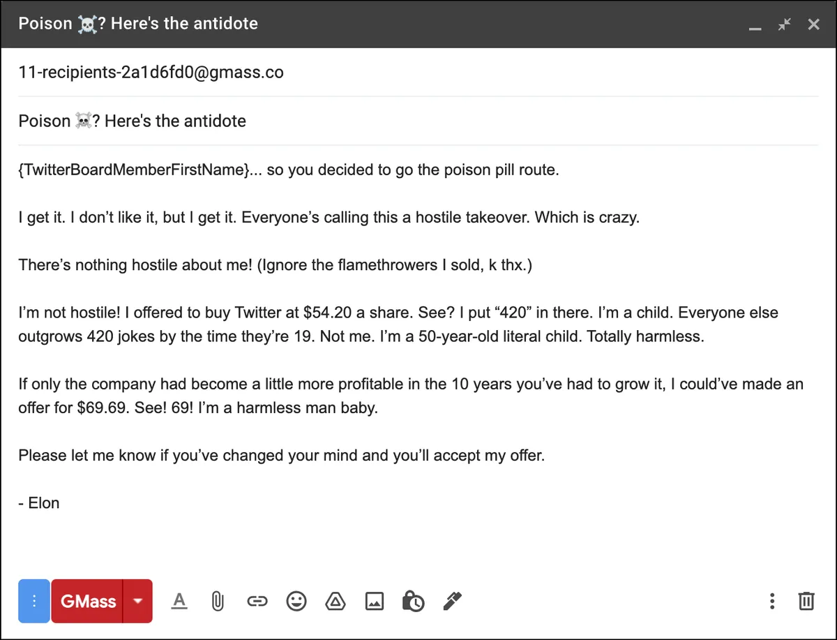 Elon Musk's third cold email to Twitter