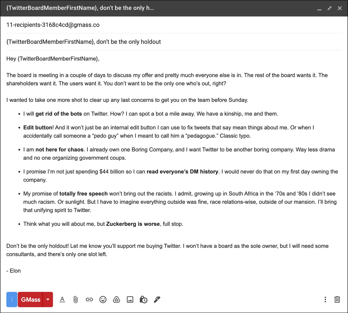 Elon Musk's fifth email to the Twitter board