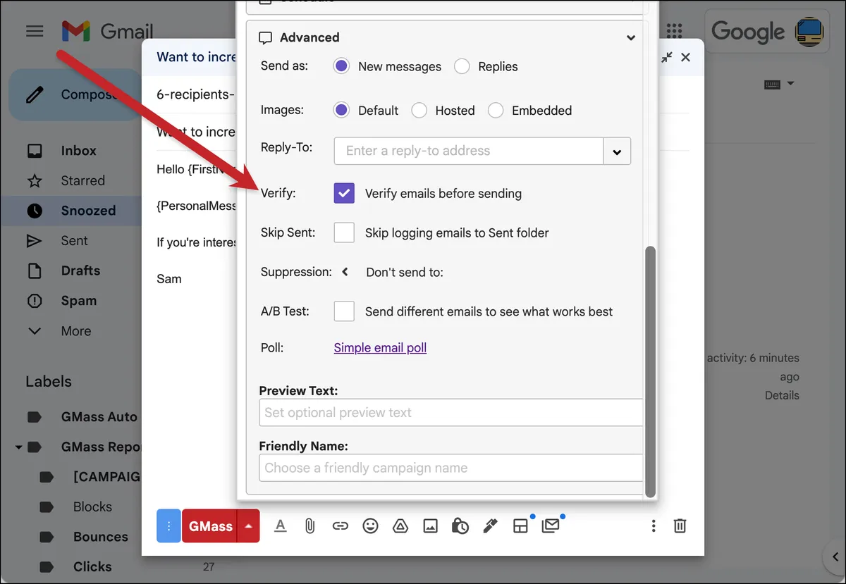 Verify emails before sending