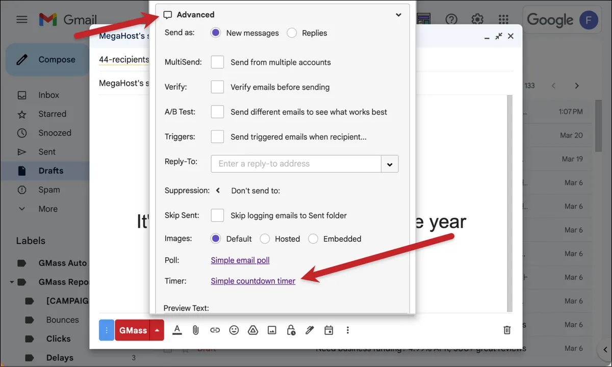 In the advanced section, select simple countdown timer