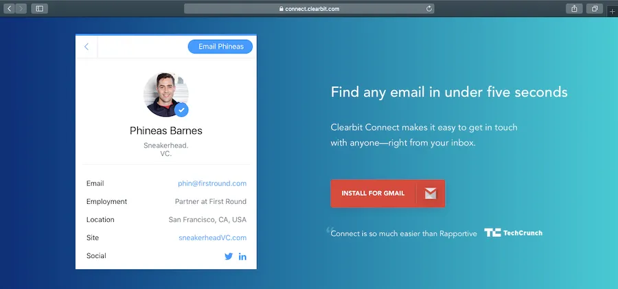 Clearbit Connect homepage