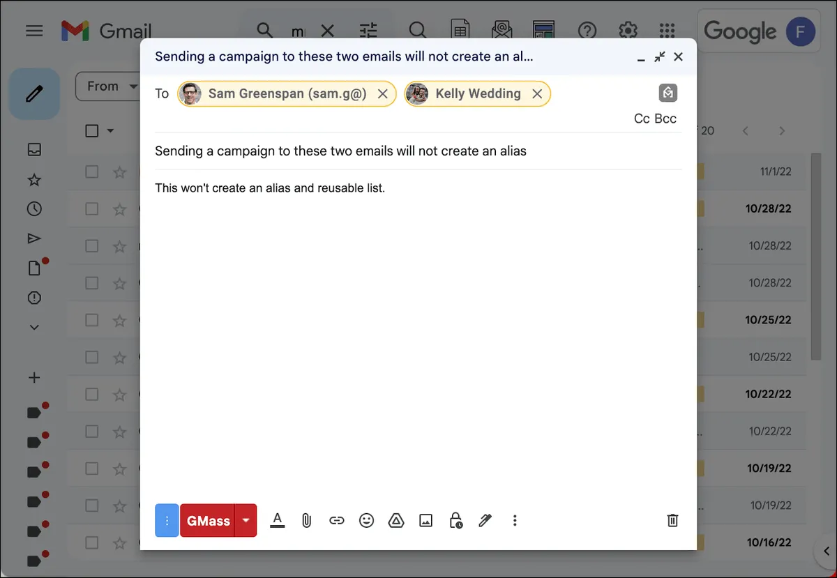 Sending to individual addresses does not create reusable lists