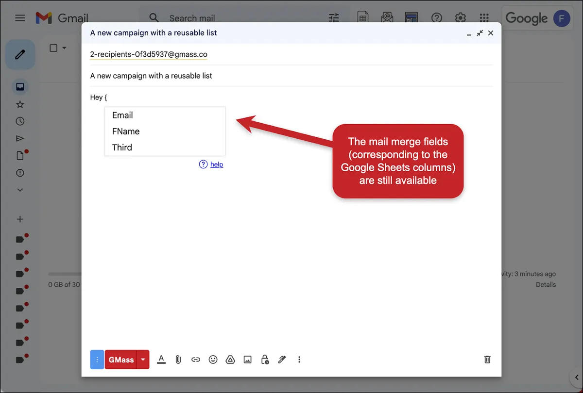 You can use merge tags when reusing email lists in GMass