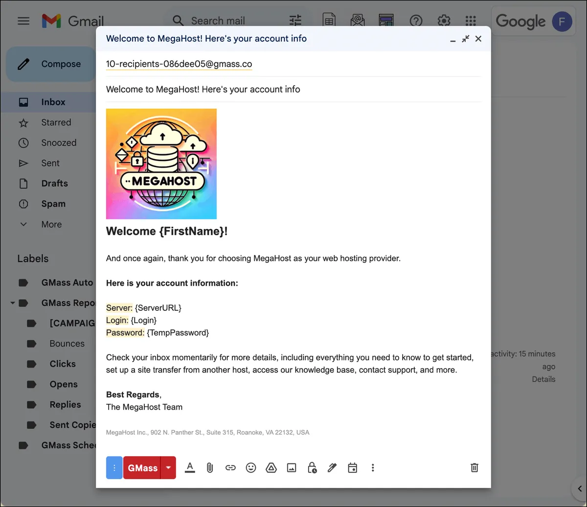 A sample of a short onboarding email