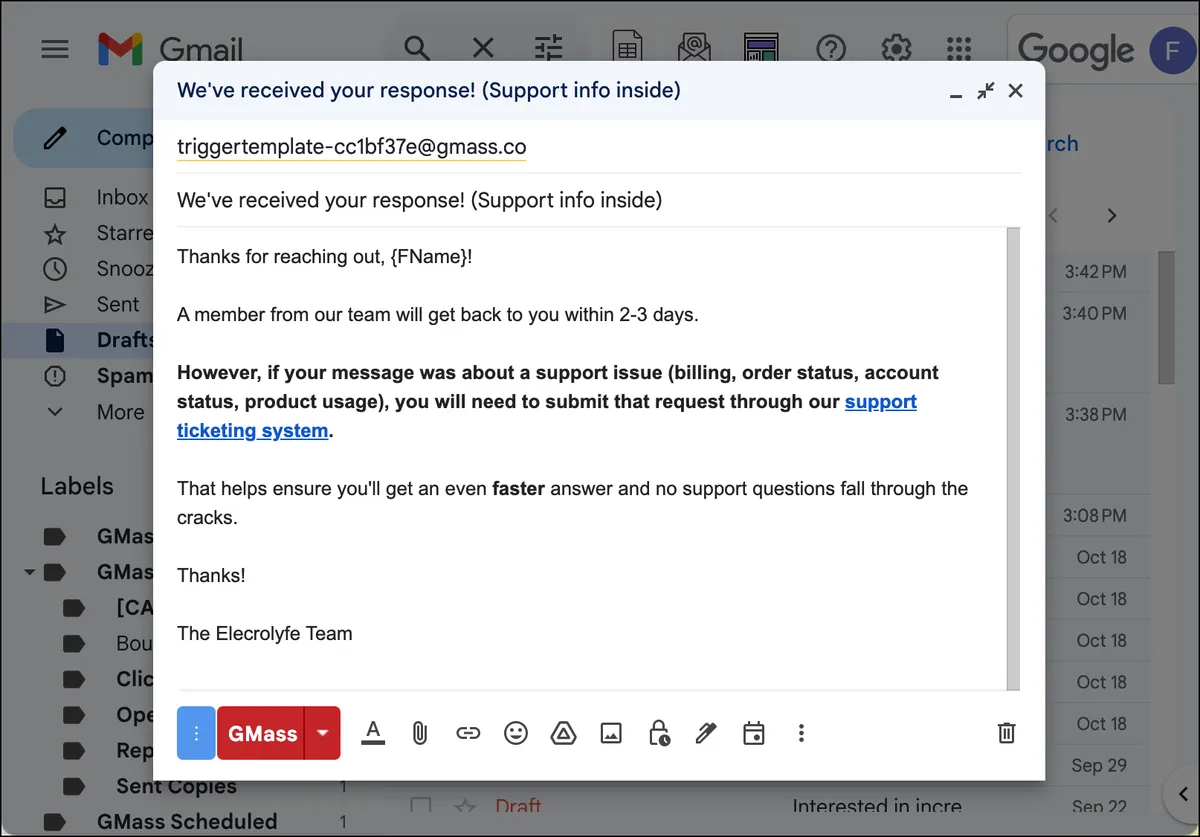 A message redirecting people who reached out to support