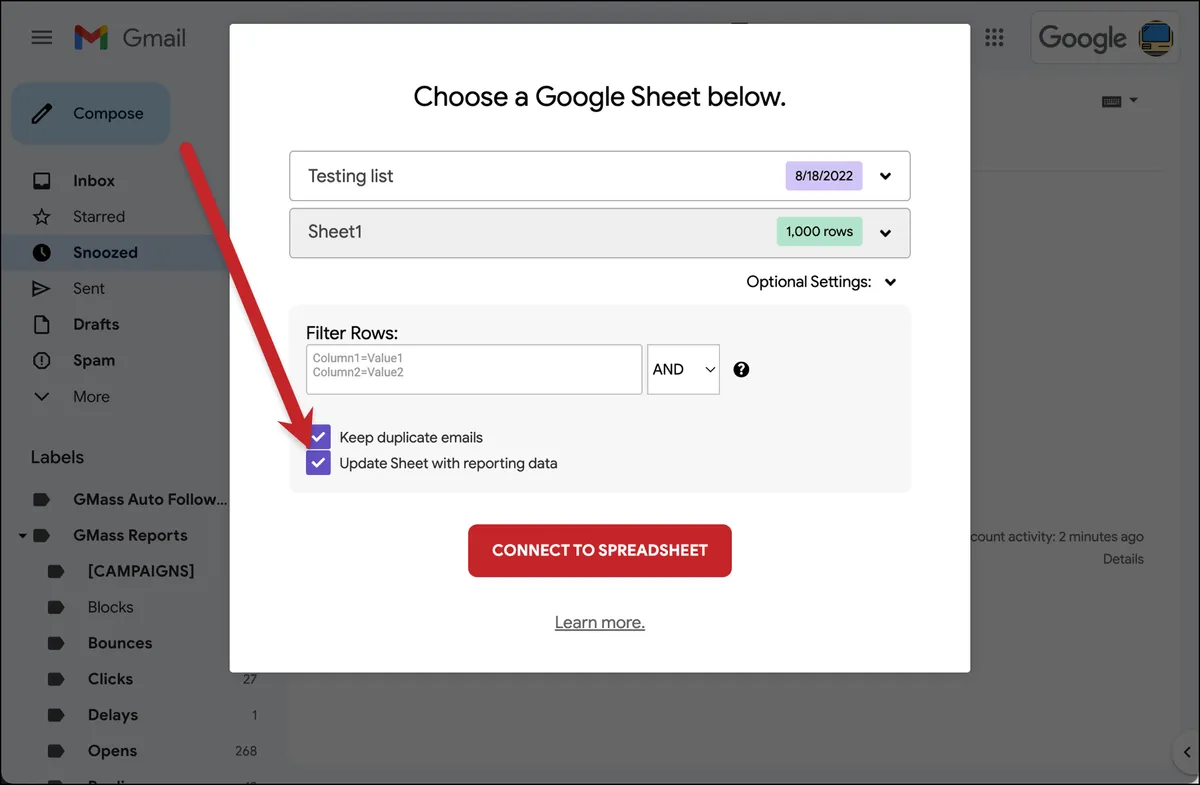 Choose to update sheet with reporting data