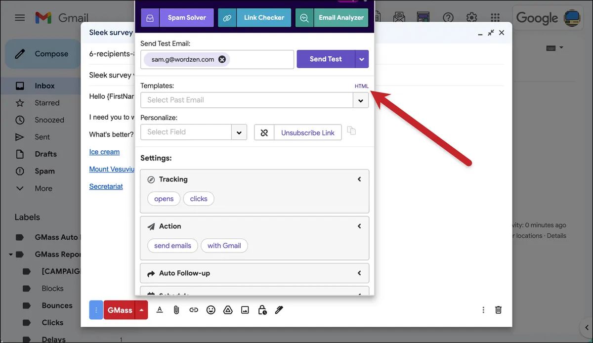 The HTML button in the GMass settings