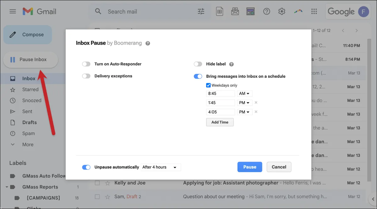 Boomerang to pause inbox